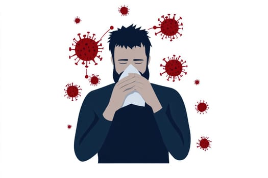 Cold symptoms display: sick individual, tissue use, virus prevention, protective mask, sneezing action, illness indication, respiratory care, germ spread, personal hygiene focus, seasonal ailment
