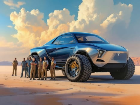 Mechanics proudly standing by a futuristic electric SUV in a desert landscape, showcasing innovative automotive design and teamwork. Ai generated