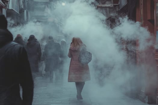 Air pollution: environmental crisis, toxic smog, atmospheric degradation, industrial emissions, urban haze, harmful particles, respiratory threat, ecological impact, polluted atmosphere