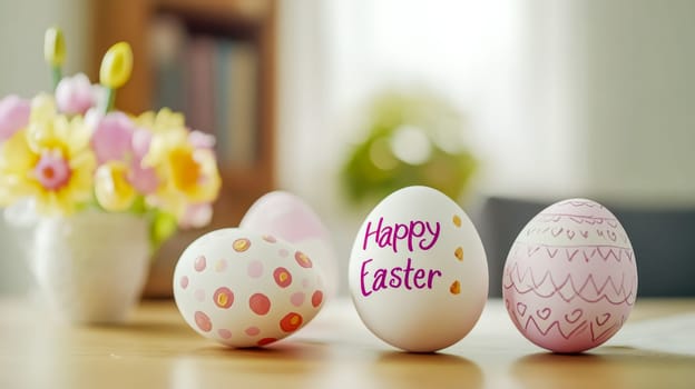 Decorated easter eggs with happy easter written on one of them, sit on a table with a vase of spring flowers in the background, creating a festive easter scene