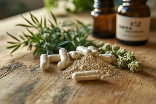 A set of open capsules spilling powdered cannabis extract onto wooden table, surrounded by hemp leaves and small bottles of oil minimalist setting