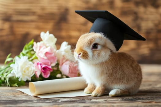 A curious bunny wearing graduation cap sits beside diploma and flowers, evoking sense of celebration and joy in soft natural light