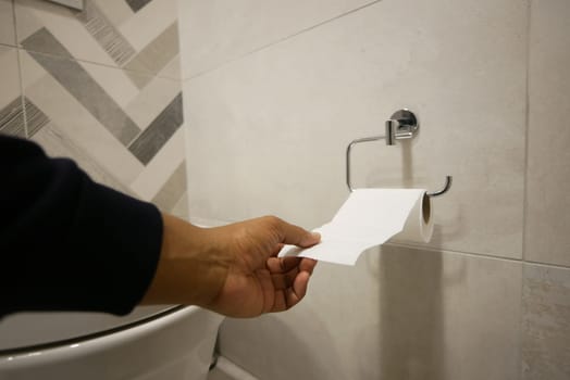 Hand pulling toilet paper roll in holder,