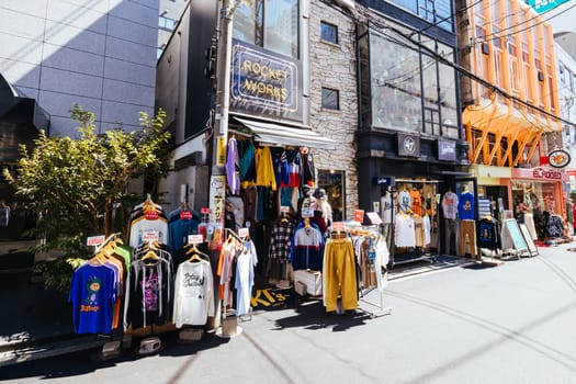 OSAKA, JAPAN - SEPTEMBER 26 2024: The trendy and fashionable Amerikamura district on a clear autumn day in Osaka, Japan