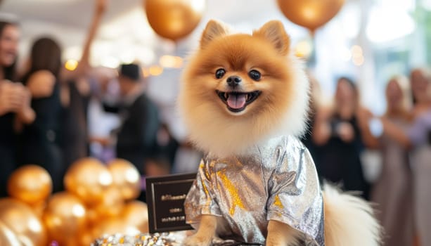 A fluffy Pomeranian in shiny gown stands proudly on table, celebrating with laughter and joy in festive indoor venue filled with balloons