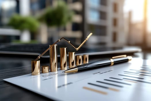 Financial growth concept: bar graph, rising trend, stock market success, business document, project management chart, ERP module, commercial building, cityscape, economic progress