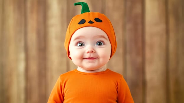 Adorable baby smiles happily while wearing a pumpkin costume, celebrating the upcoming halloween festivities with joy and excitement against a rustic wooden backdrop