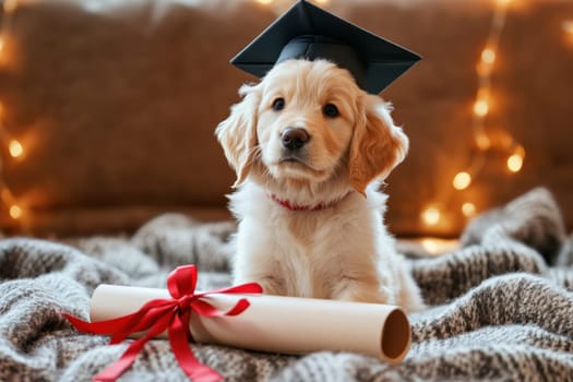 A small golden retriever puppy in graduation cap sits on cozy blanket with diploma tied with red ribbon, radiating joy and warmth