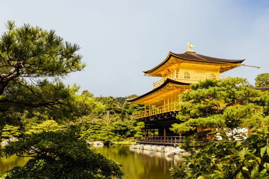 The world famous Kinkakuji Temple (The Golden Pavilion) in Kyoto, Japan on a warm autumn morning
