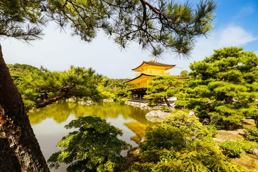 The world famous Kinkakuji Temple (The Golden Pavilion) in Kyoto, Japan on a warm autumn morning