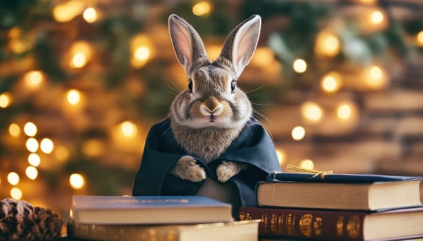 A charming portrait of rabbit in graduation gown, sitting beside books with diploma in foreground and festive lighting creating joyful atmosphere