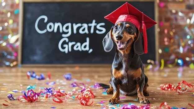 A playful dachshund in red graduation cap sits beside chalkboard that reads Congrats Grad, surrounded by colorful confetti and streamers