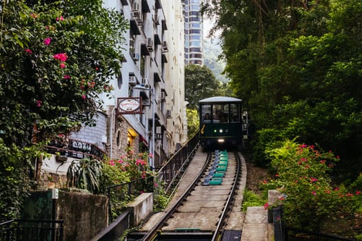 HONG KONG, CHINA - SEPTEMBER 29, 2024: The famous and popular Peak Tram as it ascends Victoria Peak in Hong Kong, China