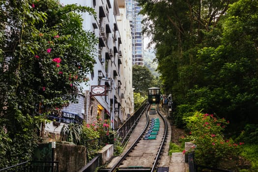 HONG KONG, CHINA - SEPTEMBER 29, 2024: The famous and popular Peak Tram as it ascends Victoria Peak in Hong Kong, China