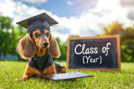 A dachshund in graduation cap sits proudly on grassy lawn with diploma under sunny sky