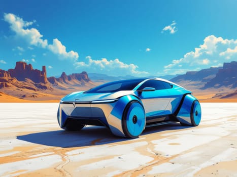 Futuristic blue and white electric car gliding across the expansive salt flat in Monument Valley, surrounded by stunning desert landscapes. Ai generated