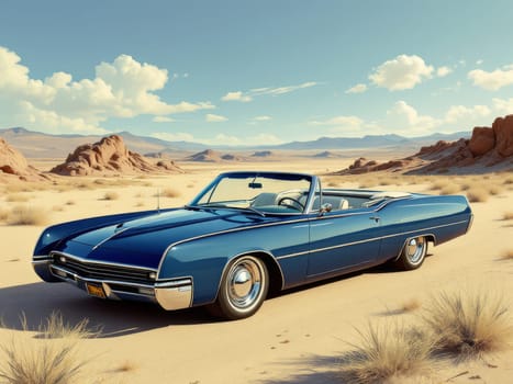 Vintage blue convertible car parked on the sand in a sunny desert landscape with rock formations. Ai generated