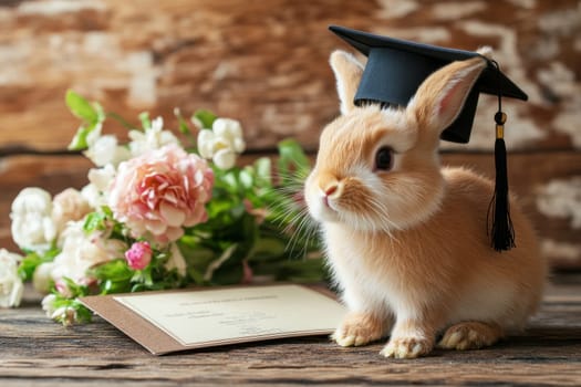 A curious bunny wearing graduation cap sits beside diploma and flower bouquet on rustic wooden surface, radiating joy and celebration