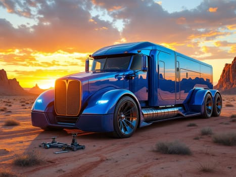 Futuristic, customized blue semi-truck parked in a desert landscape of Monument Valley with a beautiful sunset in the background. Ai generated