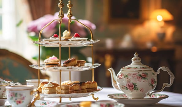 Elegant table setting for tea party with cakes and cupcakes in English manor. Selective focus. Vintage style