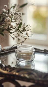 Cosmetic cream in a glass jar. Skin care concept. Background for beauty products