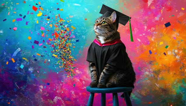 A whimsical cat in cap and gown sits proudly on stool, surrounded by vibrant colors and celebratory confetti explosion