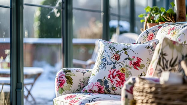 Colorful pillows on sofa against glass wall of window in a winter garden or conservatory. Interior textile concept. High quality photo