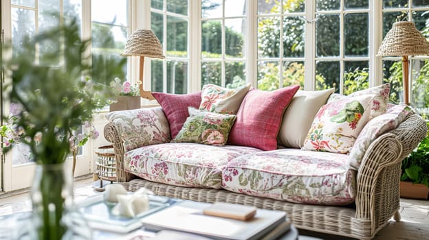 Colorful pillows on sofa against glass wall of window in a winter garden or conservatory. Interior textile concept. High quality photo
