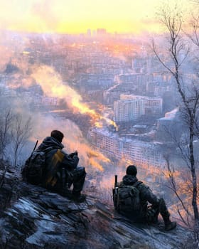 Two young survivors armed with a rifle perch on rubble in a desolate wasteland, gazing at a ruined city in the distance, embodying resilience and hope in a dark world