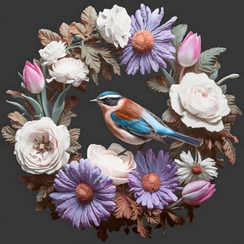 Vivid digital illustration of a bright bird perched inside a circular floral wreath on a dark backdrop. Ideal for wall art, greeting cards, packaging, textile prints, or nature-themed projects.