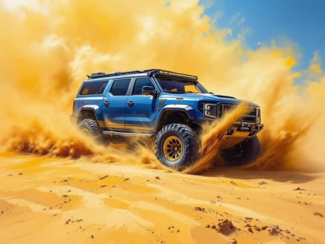 Powerful blue SUV kicking up clouds of sand while racing through a vast desert landscape, embodying adventure and off-road excitement. Ai generated