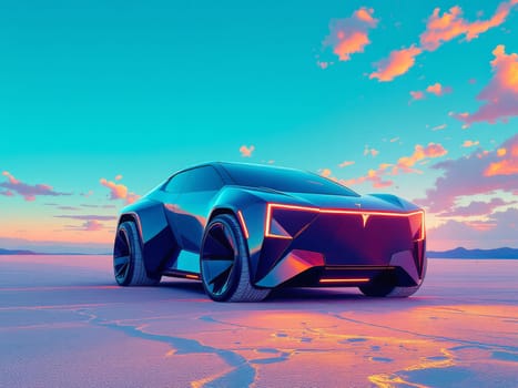 Autonomous electric car standing on Bonneville Salt Flats at sunset, showcasing innovative design and sustainable transportation. Ai generated