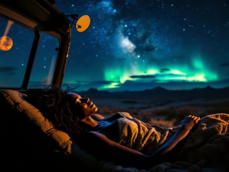 Young woman sleeping in the back of a car, enjoying the view of the milky way and aurora borealis in the night sky. Ai generated