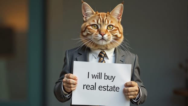 In a humorous display, a cat with a business suit holds a sign declaring intentions to buy real estate, blending whimsy with an unexpected twist on traditional investment themes in an artistic manner.