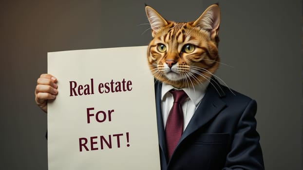 A suited man holds a sign reading For Rent but has a cat's head instead. This playful twist adds humor to the mundane task of advertising real estate in an office-like environment.