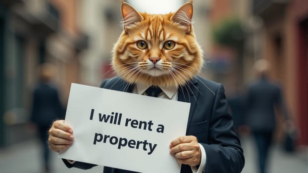 A well-dressed feline stands confidently in a suit, clutching a sign that promises property rental.