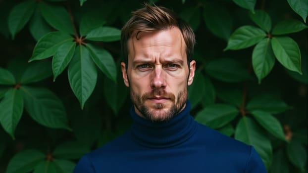 A man with a strong gaze poses confidently in a navy turtleneck, surrounded by vibrant green leaves. The interplay of light and shadow highlights his features, conveying depth and emotion.