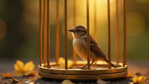 A delicate bird rests in an ornate golden cage, surrounded by warm, glowing lights that create a serene atmosphere. The dim ambiance enhances the feeling of tranquility and wonder.