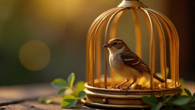 A delicate bird rests in an ornate golden cage, surrounded by warm, glowing lights that create a serene atmosphere. The dim ambiance enhances the feeling of tranquility and wonder.