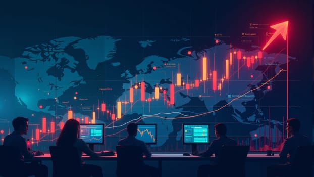 Traders analyze a detailed global market chart in a dark room, focusing on rising trends and data displayed on their screens.