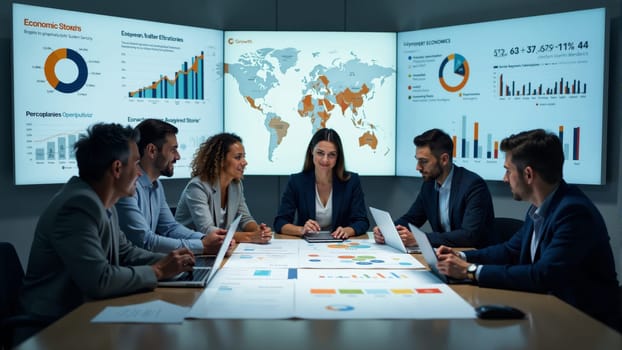 A diverse group of professionals engages in a strategic meeting, analyzing data displayed on a large interactive table. The atmosphere is focused and dynamic, with visuals illuminating the room.