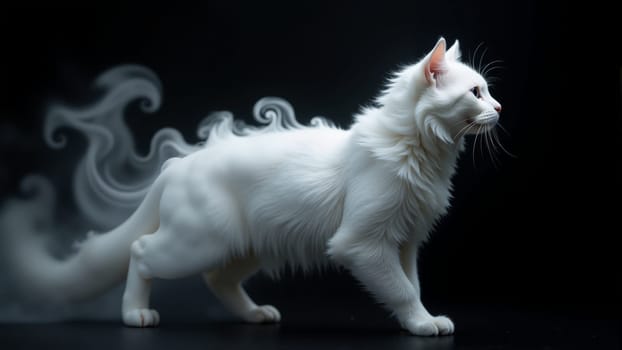 This elegant white cat strides forward with confidence, its luxurious fur gleaming in the dim light. An enchanting swirl of misty smoke dances around its form, creating a mystical ambiance.
