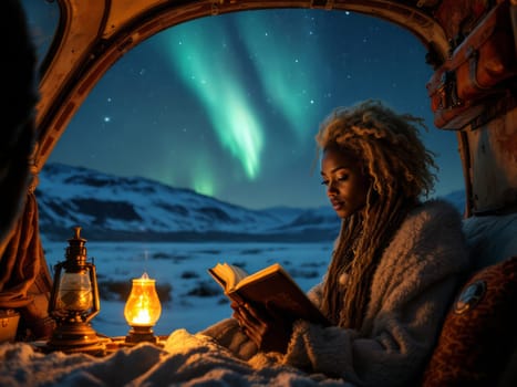 Cozy winter night spent reading a book inside a camper van under the magical Northern Lights. Ai generated
