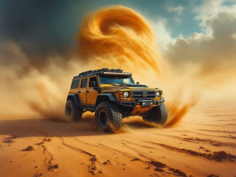 Yellow Mercedes-Benz G-Class SUV speeding in the desert raising a cloud of dust under a dramatic sky. Ai generated