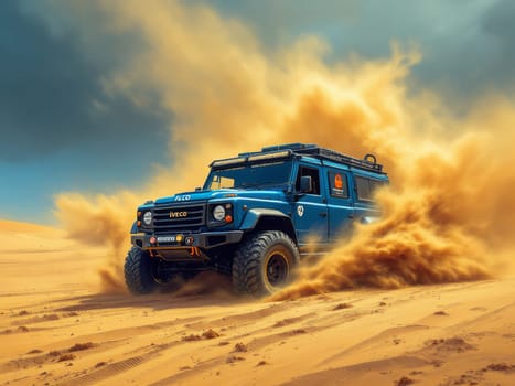Blue Iveco Massif speeding through the desert, kicking up a massive cloud of dust while showcasing its off-road capabilities and power. Ai generated