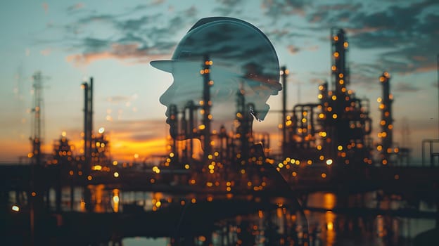 A mesmerizing double exposure captures a man in a hard hat against the backdrop of a factory at sunset, with the sky enveloped in an afterglow of vibrant colors