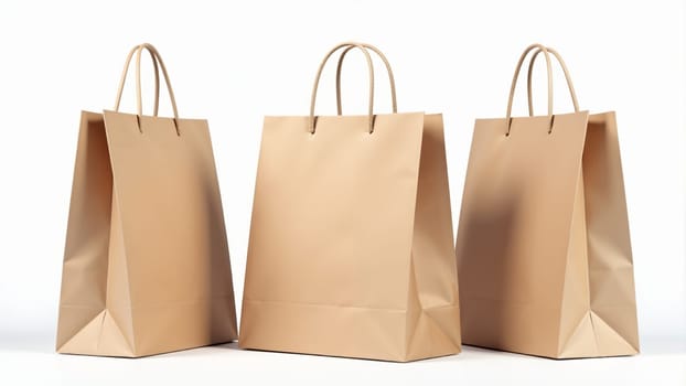 Three classic brown paper bags sit closely together, showcasing their sturdy construction and ready for any shopping adventure. Perfect containers for treasures from a local market.