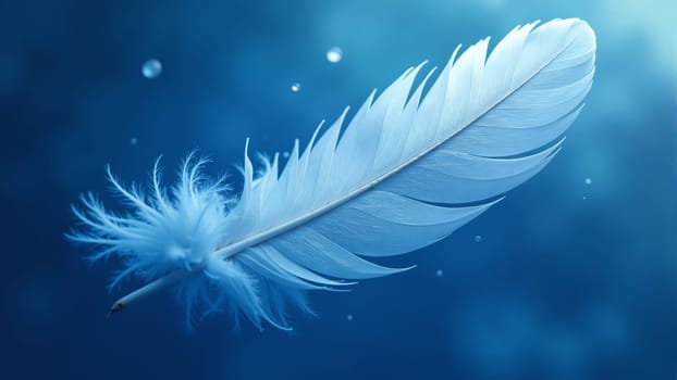 A soft blue feather gently drifts through crystal-clear waters, illuminated by the first light of dawn. Tiny bubbles rise around it, enhancing the tranquil atmosphere of the underwater world.