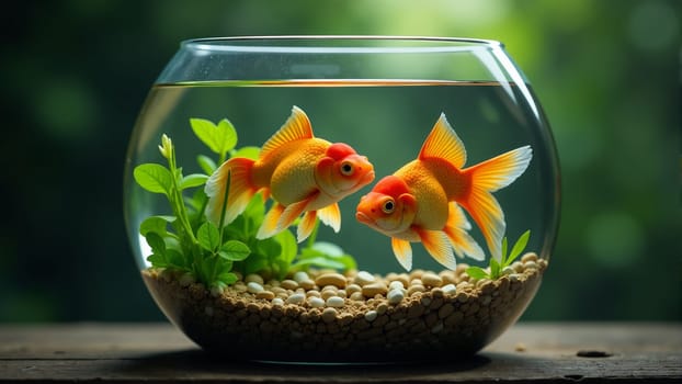 Two beautiful goldfish glide through clear water in a round aquarium. Green plants and smooth pebbles create a serene underwater environment, highlighting their vibrant colors.