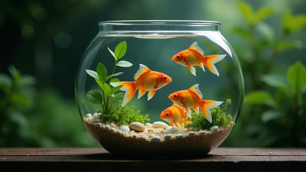 Two beautiful goldfish glide through clear water in a round aquarium. Green plants and smooth pebbles create a serene underwater environment, highlighting their vibrant colors.